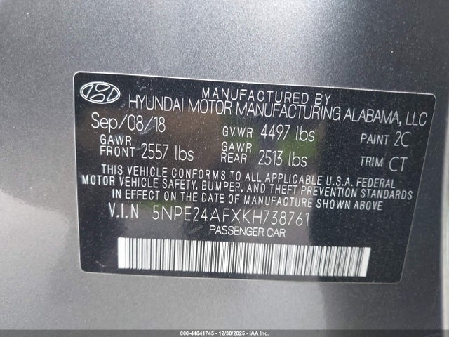 2019 Hyundai Sonata Se მანქანა იყიდება აუქციონზე, vin: 5NPE24AFXKH738761, აუქციონის ნომერი: 44041745