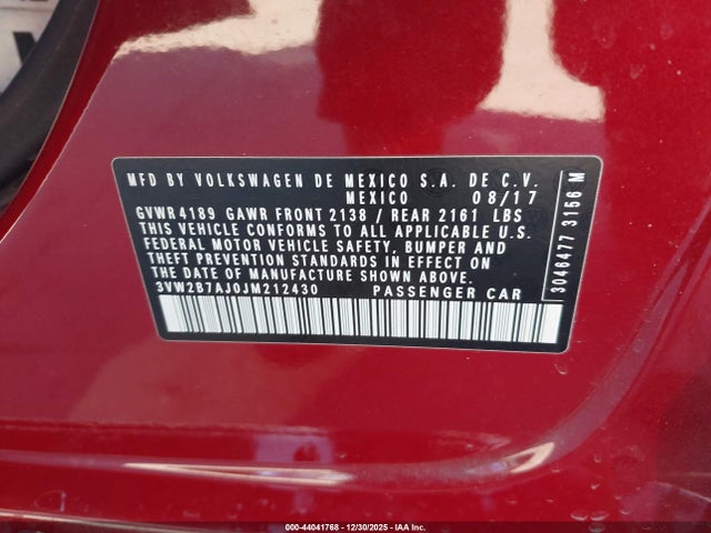 2018 Volkswagen Jetta 1.4t S მანქანა იყიდება აუქციონზე, vin: 3VW2B7AJ0JM212430, აუქციონის ნომერი: 44041768