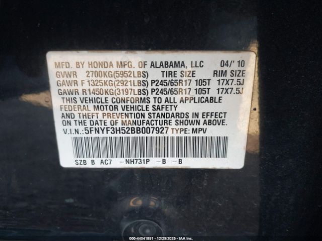 2011 HONDA PILOT 5FNYF3H52BB007927 Photo 8