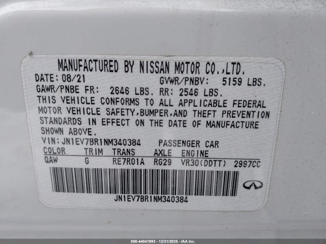Aukcja sprzedaży 2022 Infiniti Q50 Luxe Awd, vin: JN1EV7BR1NM340384, numer aukcji: 44041993
