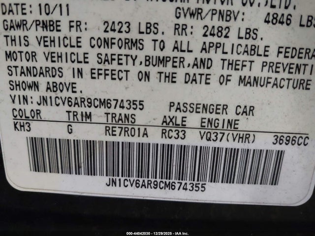 44042030 :رقم المزاد ، JN1CV6AR9CM674355 vin ، 2012 Infiniti G37x مزاد بيع