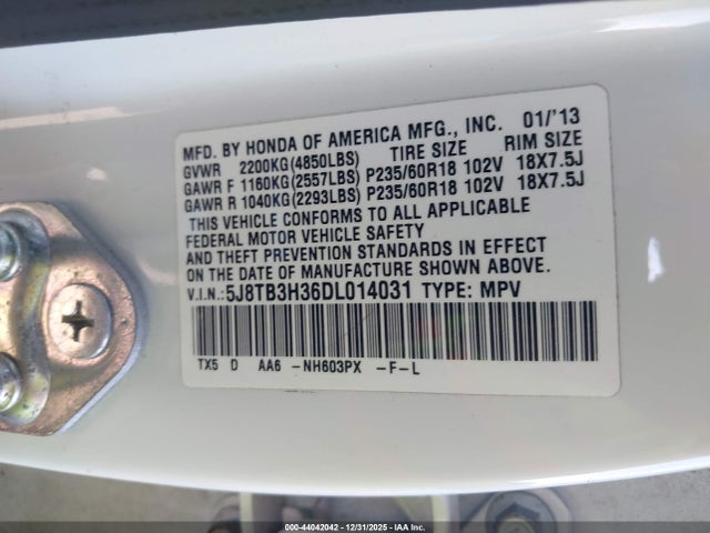 44042042 :رقم المزاد ، 5J8TB3H36DL014031 vin ، 2013 Acura Rdx مزاد بيع