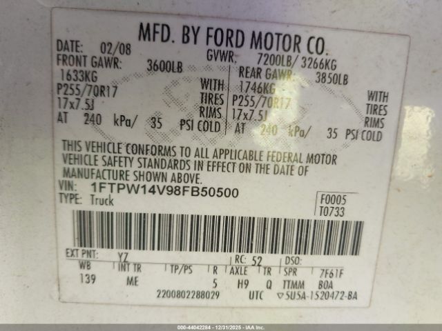 2008 FORD F-150 1FTPW14V98FB50500 Photo 8
