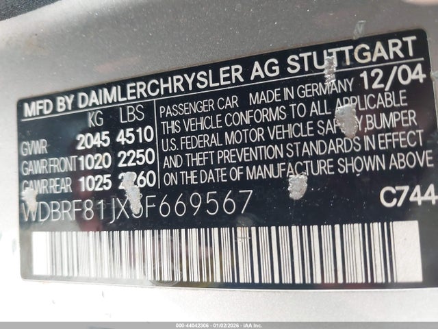 Aukcja sprzedaży 2005 Mercedes-benz C 240 Luxury 4matic, vin: WDBRF81JX5F669567, numer aukcji: 44042306