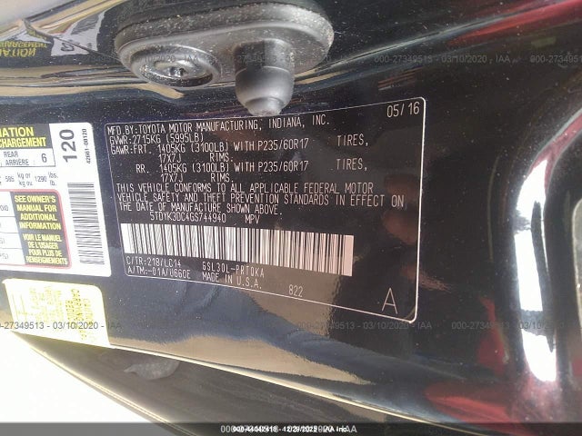 5TDYK3DC4GS744940 Toyota Sienna Xle 8 Passenger