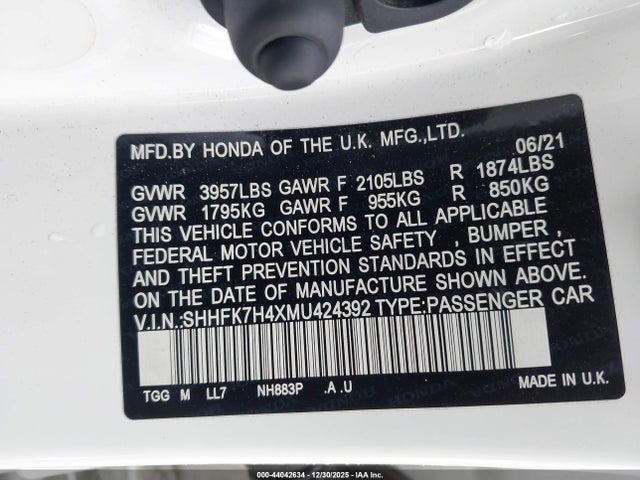 SHHFK7H4XMU424392 Honda Civic Sport