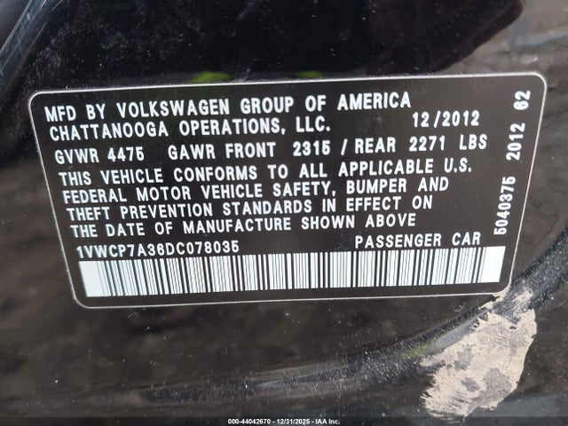 44042670 :رقم المزاد ، 1VWCP7A36DC078035 vin ، 2013 Volkswagen Passat 2.5l Sel Premium مزاد بيع