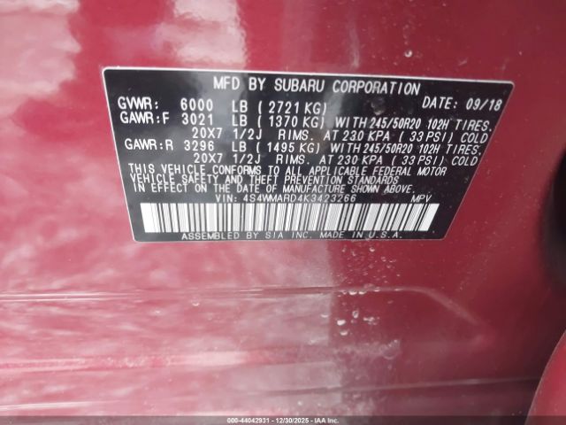 2019 SUBARU ASCENT 4S4WMARD4K3423266 Photo 8