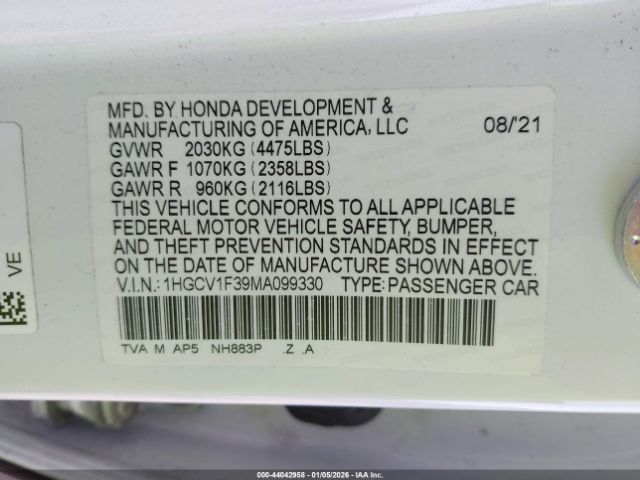 2021 HONDA ACCORD 1HGCV1F39MA099330 Photo 8