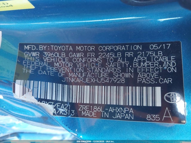 Aukcja sprzedaży 2017 Toyota Corolla Im, vin: JTNKARJEXHJ547928, numer aukcji: 44043096