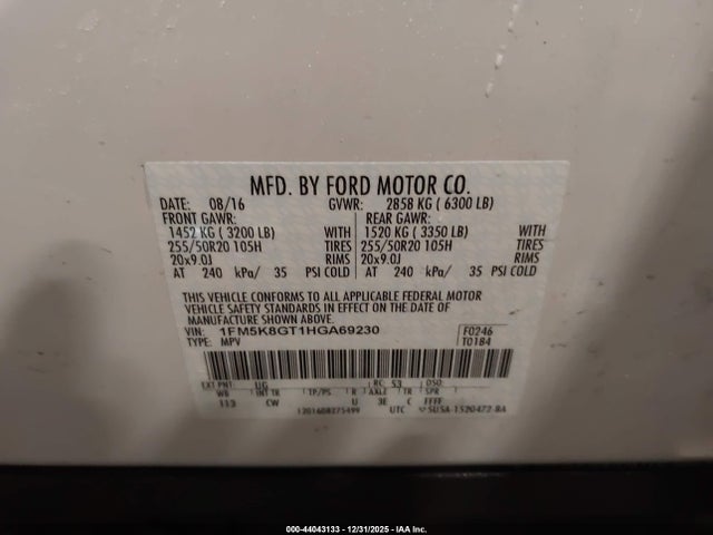 1FM5K8GT1HGA69230 Ford EXPLORER SPORT