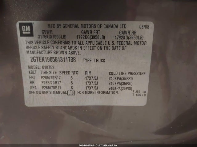 44043162 :رقم المزاد ، 2GTEK190581311738 vin ، 2008 Gmc Sierra 1500 Sle1 مزاد بيع
