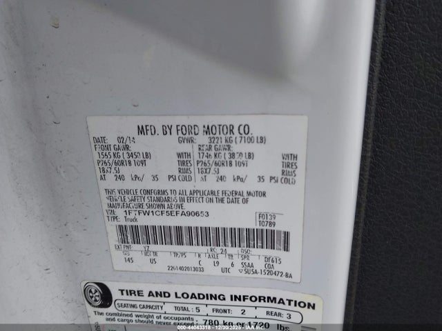 44043318 :رقم المزاد ، 1FTFW1CF5EFA90653 vin ، 2014 Ford F-150 Stx مزاد بيع