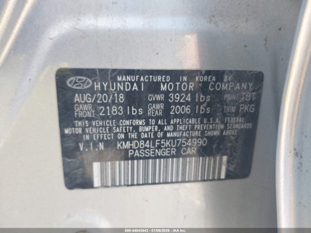 44043442 :رقم المزاد ، KMHD84LF5KU754990 vin ، 2019 Hyundai Elantra Sel مزاد بيع