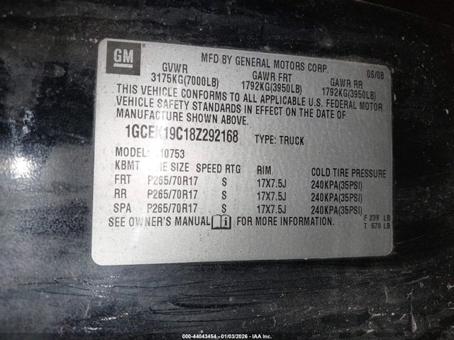 2008 Chevrolet Silverado 1500 Lt1 მანქანა იყიდება აუქციონზე, vin: 1GCEK19C18Z292168, აუქციონის ნომერი: 44043454