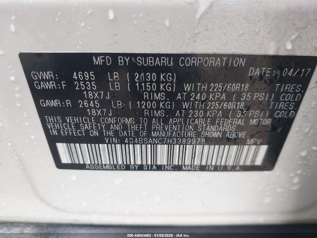 Продажа на аукционе авто 2017 Subaru Outback 2.5i Limited, vin: 4S4BSANC7H3389978, номер лота: 44043462