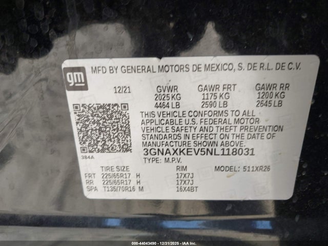 3GNAXKEV5NL118031 Chevrolet Equinox Fwd Lt