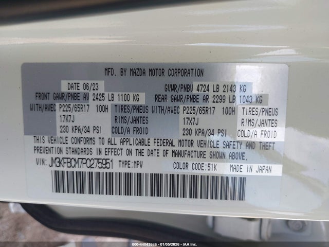 Aukcja sprzedaży 2023 Mazda Cx-5 2.5 S Preferred, vin: JM3KFBCM7P0275951, numer aukcji: 44043586