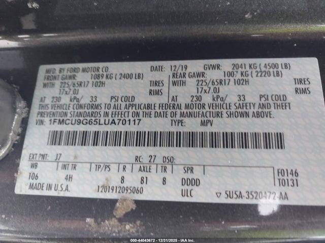 Aukcja sprzedaży 2020 Ford Escape Se, vin: 1FMCU9G65LUA70117, numer aukcji: 44043672