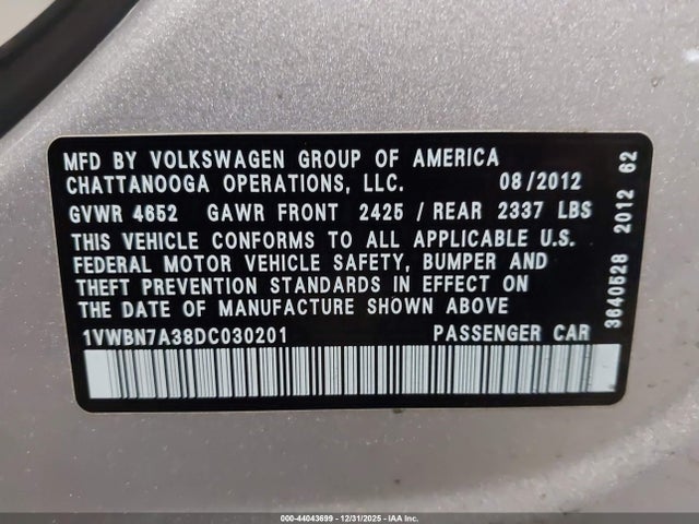 44043699 :رقم المزاد ، 1VWBN7A38DC030201 vin ، 2013 Volkswagen Passat 2.0l Tdi Se مزاد بيع