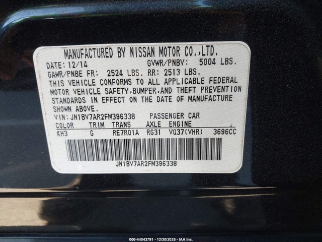 Продаж на аукціоні авто 2015 Infiniti Q50 Premium, vin: JN1BV7AR2FM396338, номер лоту: 44043791