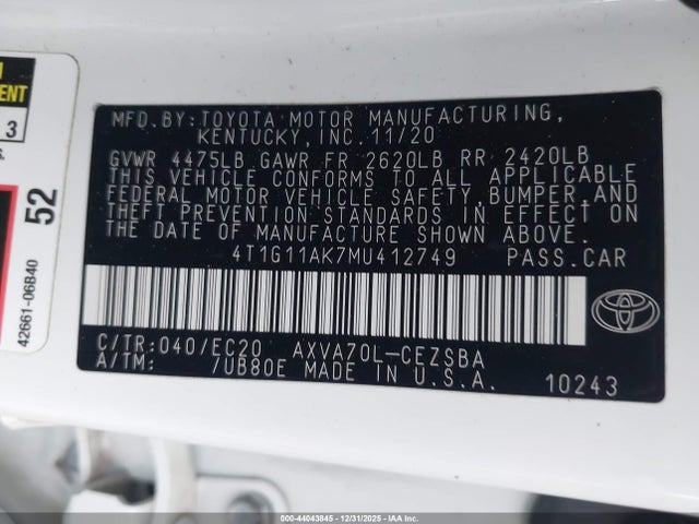 Продаж на аукціоні авто 2021 Toyota Camry Se Nightshade Edition, vin: 4T1G11AK7MU412749, номер лоту: 44043845