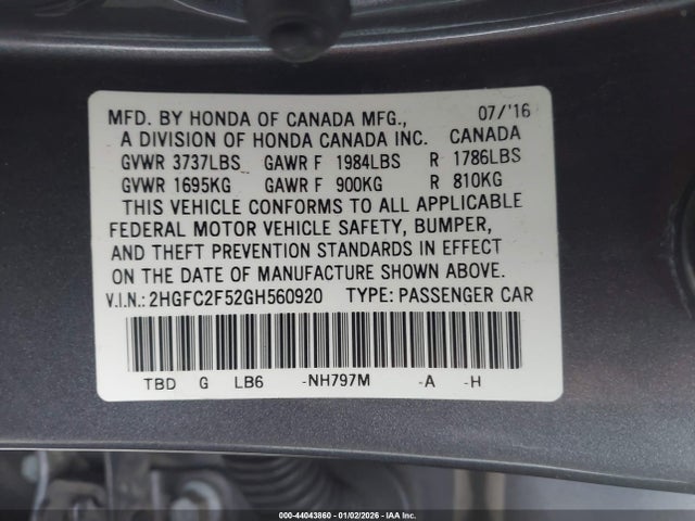 Honda Civic Lx 2016 2HGFC2F52GH560920 Image 9