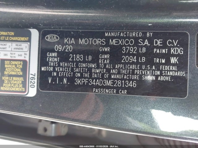 Продажа на аукционе авто 2021 Kia Forte Gt-line, vin: 3KPF34AD3ME281346, номер лота: 44043988