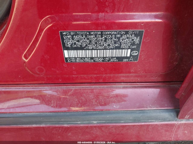 Aukcja sprzedaży 2011 Lexus Is 250, vin: JTHBF5C28B5142991, numer aukcji: 44044006