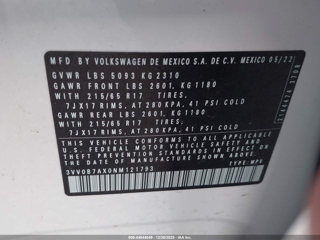 3VV0B7AX0NM121793 Volkswagen Tiguan 2.0t S