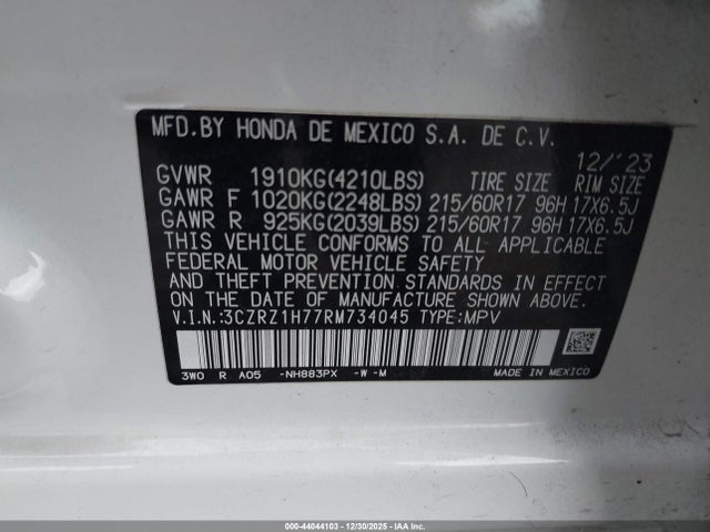 3CZRZ1H77RM734045 Honda Hr-v 2wd Ex-l/2wd Ex-l W/o Bsi