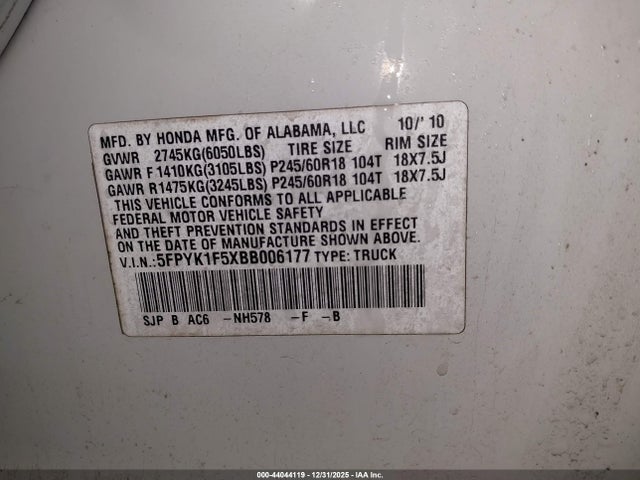 2011 HONDA RIDGELINE 5FPYK1F5XBB006177 Photo 8