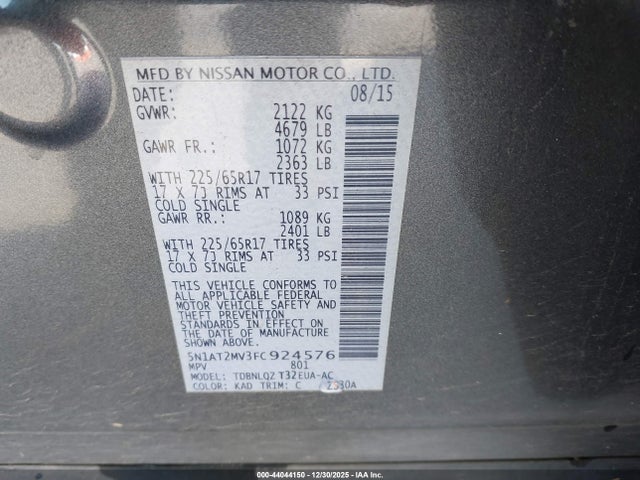 Nissan ROGUE SV 2015 5N1AT2MV3FC924576 Image 9