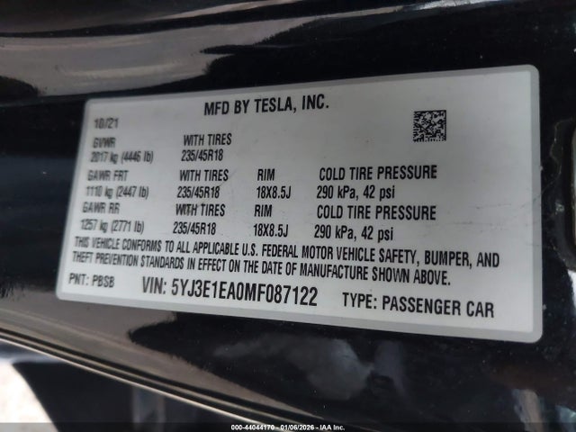 2021 TESLA MODEL 3 5YJ3E1EA0MF087122 Photo 8