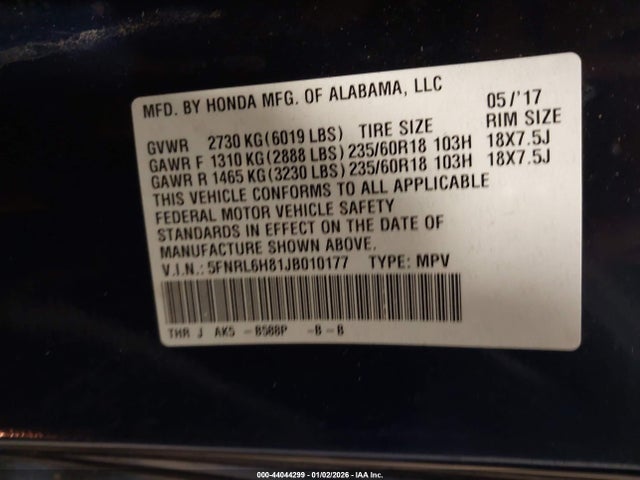 Honda Odyssey Touring 2018 5FNRL6H81JB010177 Image 9