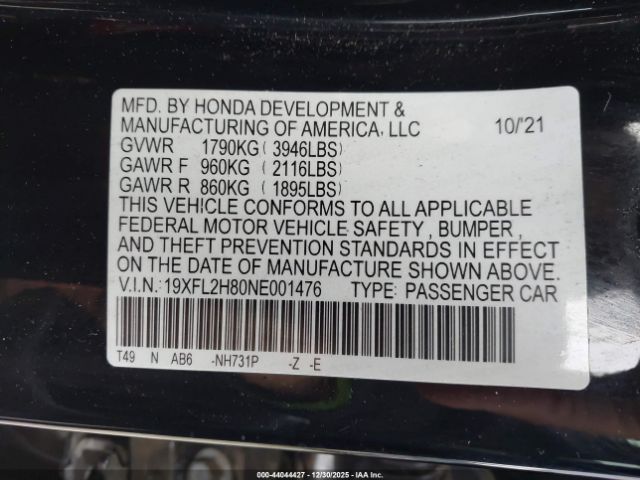 2022 HONDA CIVIC 19XFL2H80NE001476 Photo 8