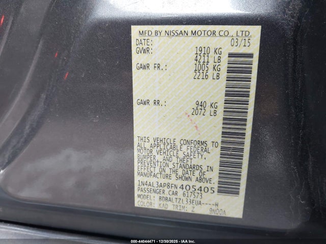 2015 Nissan Altima 2.5 Sl მანქანა იყიდება აუქციონზე, vin: 1N4AL3AP8FN405405, აუქციონის ნომერი: 44044471