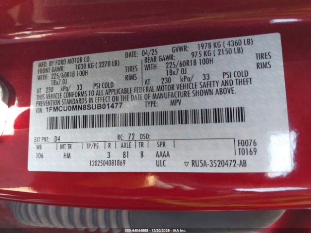 2025 FORD ESCAPE 1FMCU0MN8SUB01477 Photo 8