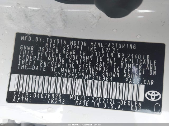 5YFEPMAE7MP216961 Toyota COROLLA LE