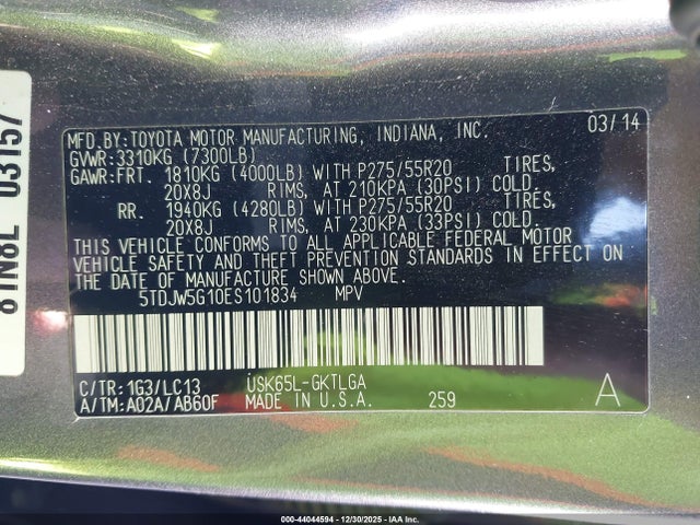 5TDJW5G10ES101834 Toyota Sequoia Limited 5.7l V8