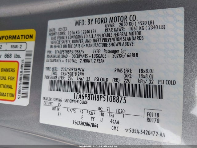 2023 Ford Mustang Ecoboost Premium Fastback მანქანა იყიდება აუქციონზე, vin: 1FA6P8TH8P5108875, აუქციონის ნომერი: 44044620