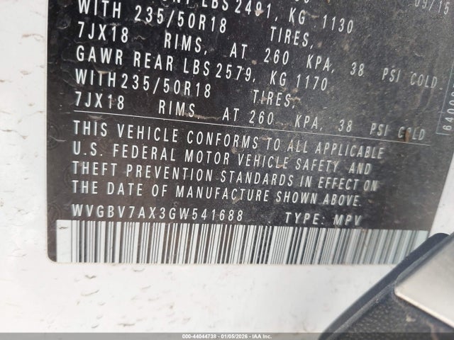 2016 Volkswagen Tiguan Se მანქანა იყიდება აუქციონზე, vin: WVGBV7AX3GW541688, აუქციონის ნომერი: 44044738