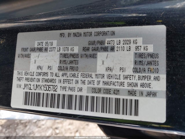 44044743 :رقم المزاد ، JM1GL1UM1K1506782 vin ، 2019 Mazda Mazda6 Sport مزاد بيع
