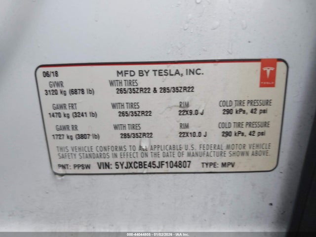 44044805 :رقم المزاد ، 5YJXCBE45JF104807 vin ، 2018 Tesla Model X 100d/75d/p100d مزاد بيع