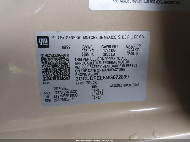 3GCUDFEL6NG672899 Chevrolet Silverado 1500 4wd Short Bed Lt Trail Boss