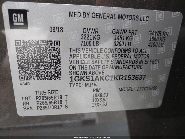 1GKS1AKC1KR153637 GMC YUKON SLE
