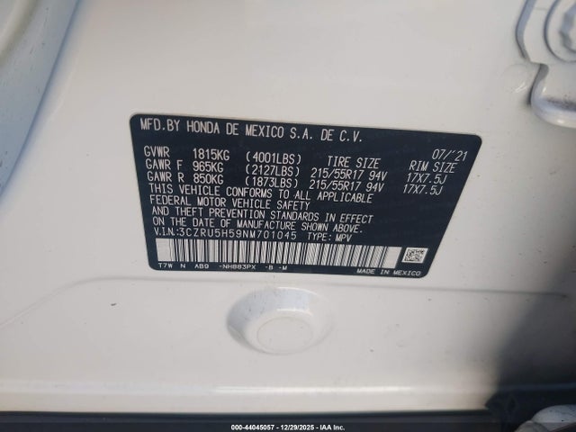 3CZRU5H59NM701045 Honda Hr-v 2wd Ex