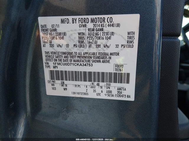 Продажа на аукционе авто 2012 Ford Escape Xlt, vin: 1FMCU0D71CKA34753, номер лота: 44045153