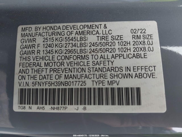 44045170 :رقم المزاد ، 5FNYF5H39NB017725 vin ، 2022 Honda Pilot 2wd Sport مزاد بيع