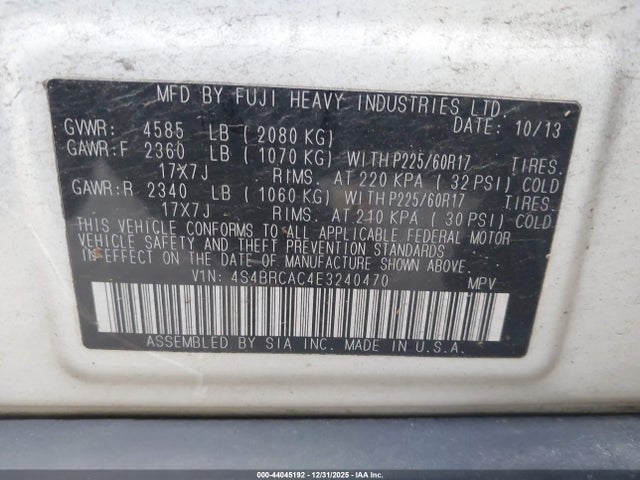 44045192 :رقم المزاد ، 4S4BRCAC4E3240470 vin ، 2014 Subaru Outback 2.5i مزاد بيع